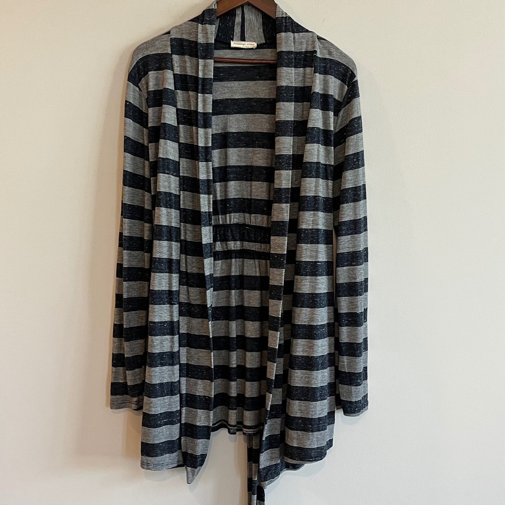 Flamingo Urban Womens Striped Open Front Cardigan Gray Blue Tie Waist Large